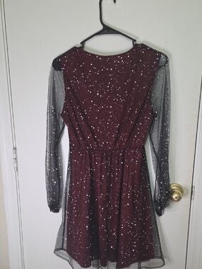 SHEIN Burgundy Sparkle Dress with Sheer Black Sleeves